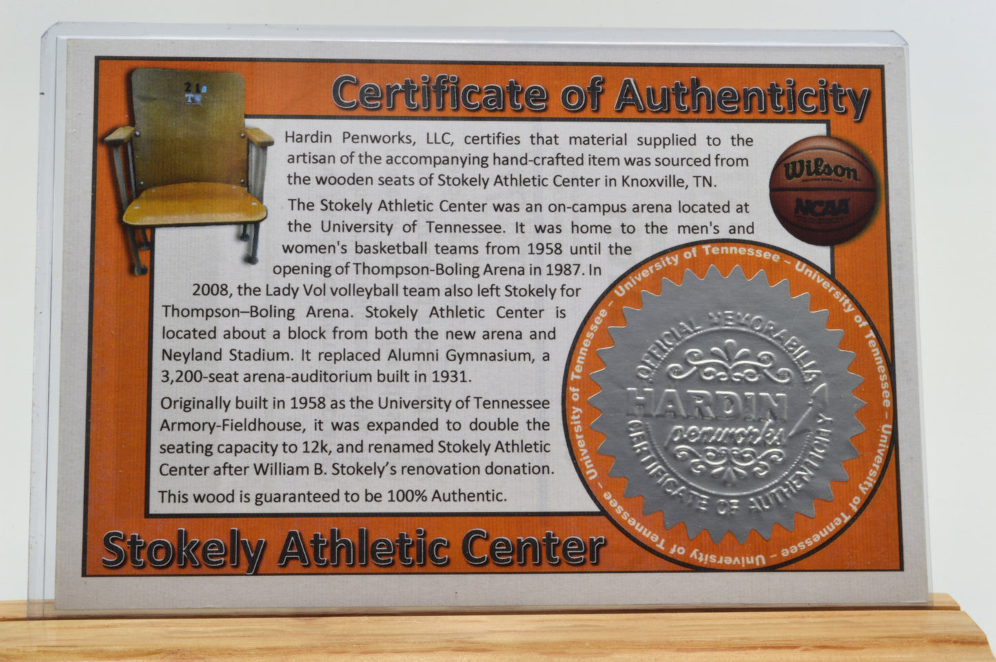 Handcrafted Pen Made From University of Tennessee Stokley Athletic Center Wooden Stadium Seats