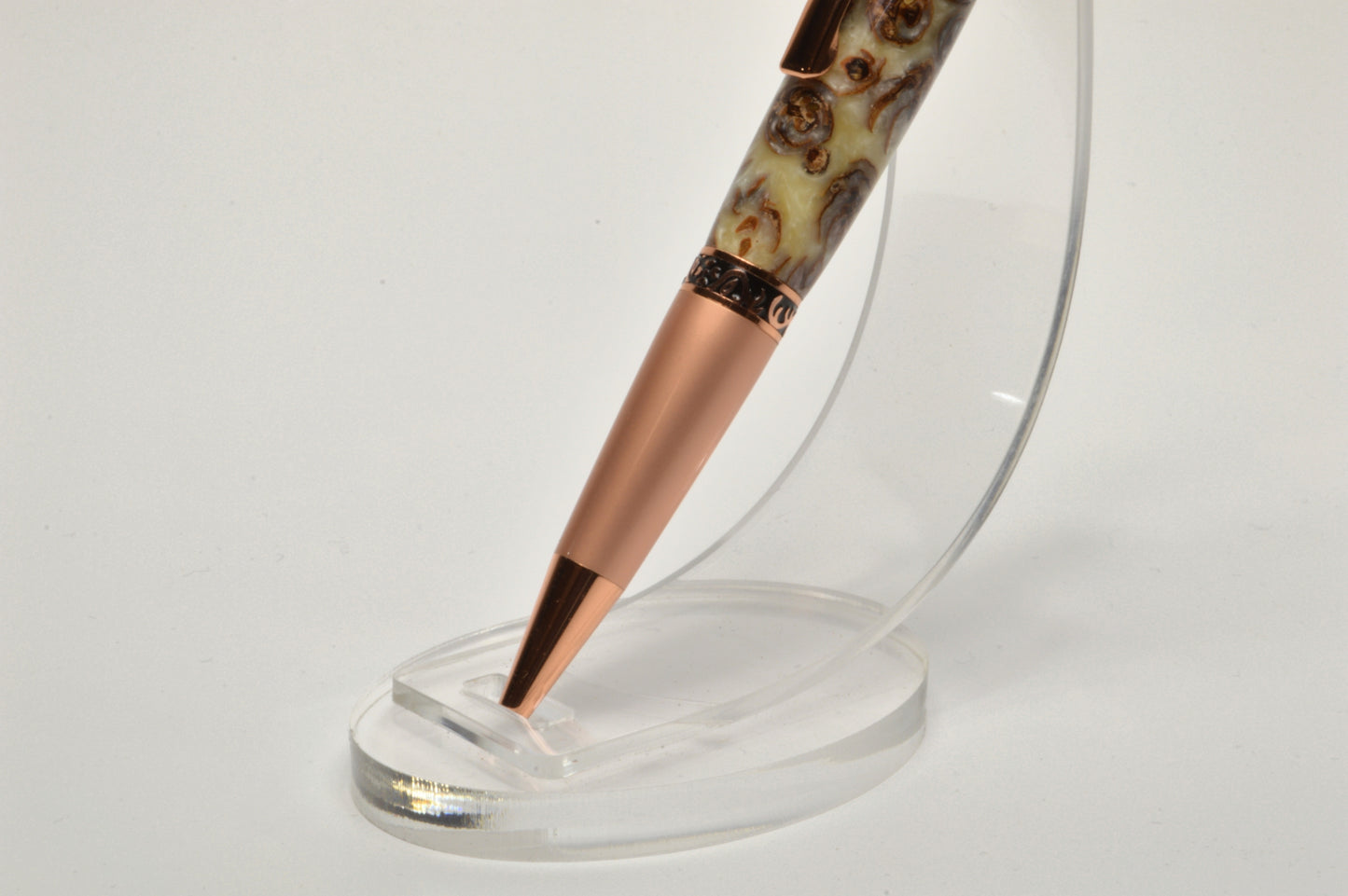 Unique Classic Twist Pen in Two Tone Copper with Handcrafted Acrylic and Mini Pine Cone Body.