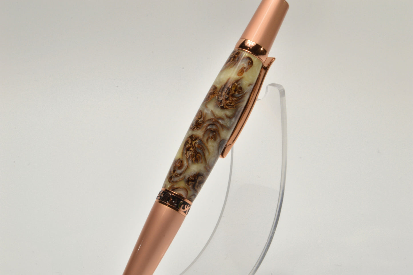 Unique Classic Twist Pen in Two Tone Copper with Handcrafted Acrylic and Mini Pine Cone Body.
