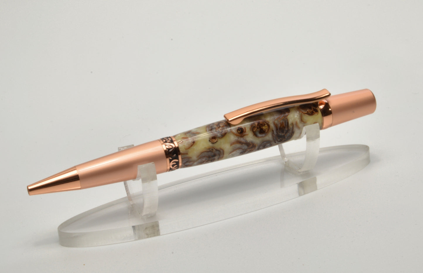 Unique Classic Twist Pen in Two Tone Copper with Handcrafted Acrylic and Mini Pine Cone Body.