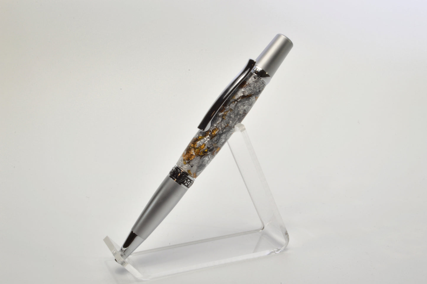 Elegant Satin Chrome and Chrome Twist Pen with Silver & Black Gilding Cast in Clear Acrylic