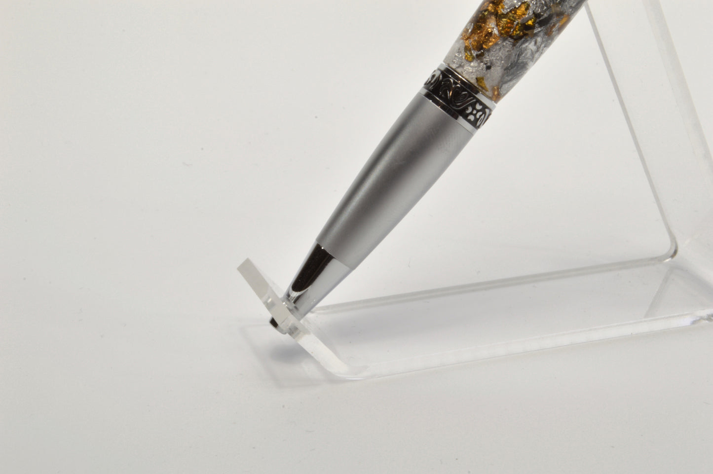 Elegant Satin Chrome and Chrome Twist Pen with Silver & Black Gilding Cast in Clear Acrylic