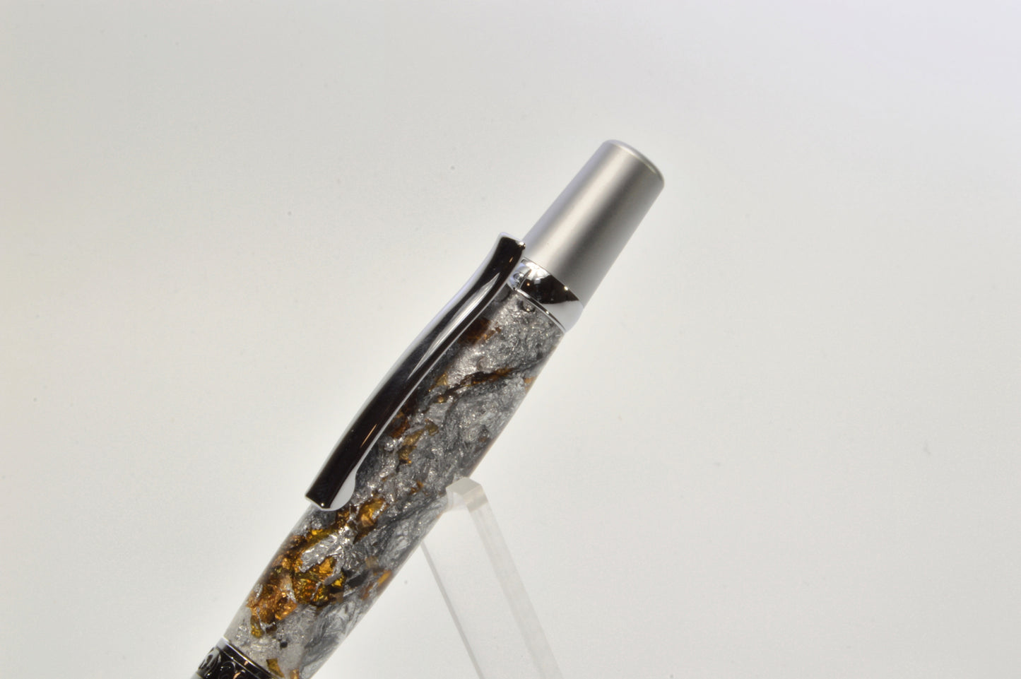 Elegant Satin Chrome and Chrome Twist Pen with Silver & Black Gilding Cast in Clear Acrylic