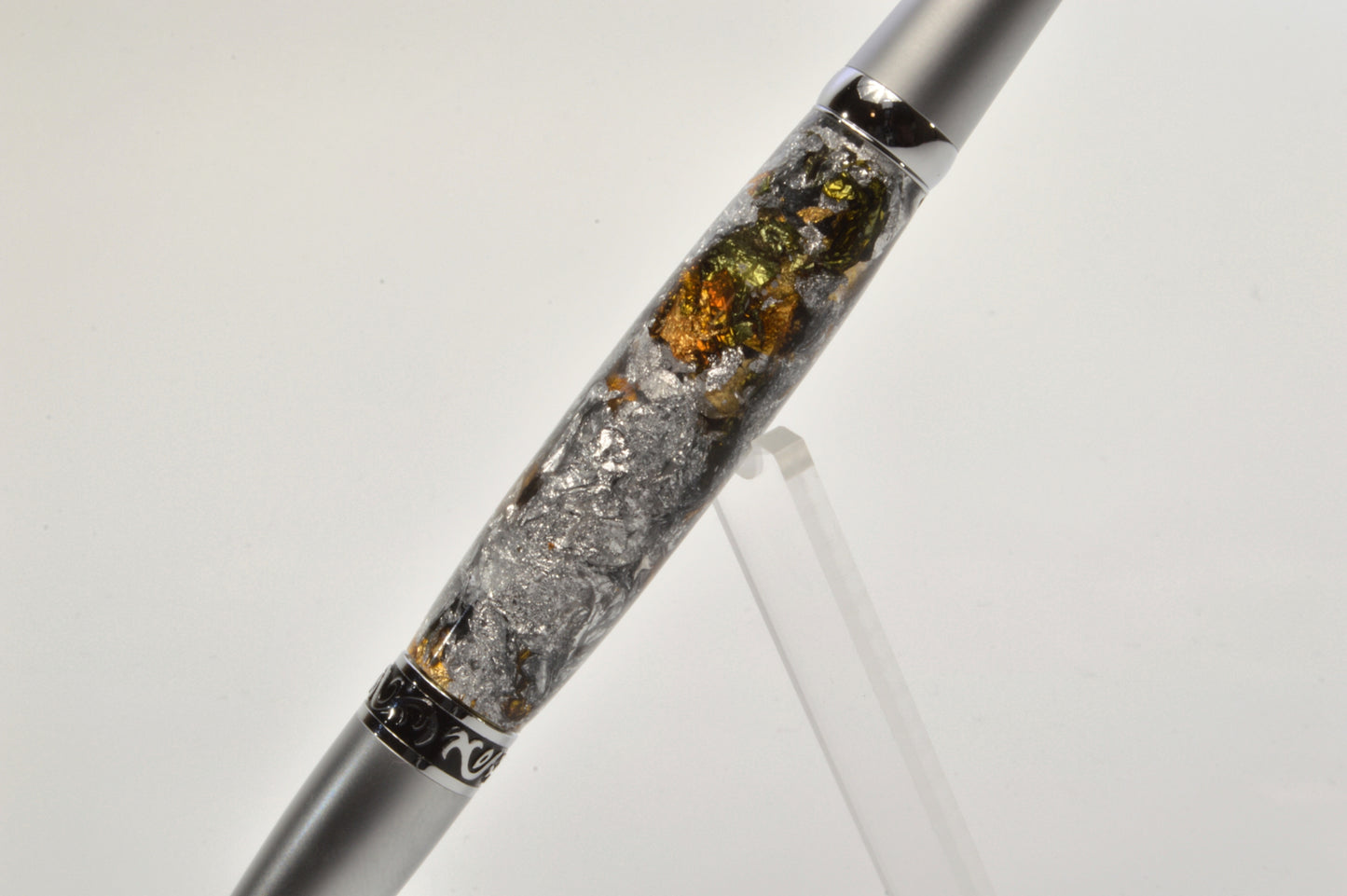 Elegant Satin Chrome and Chrome Twist Pen with Silver & Black Gilding Cast in Clear Acrylic