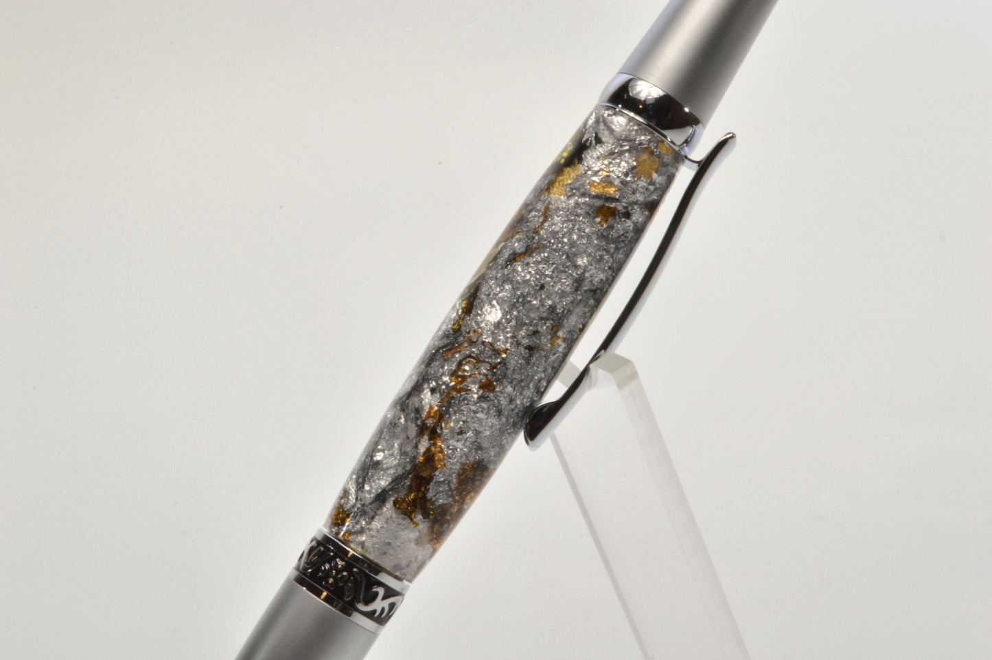 Elegant Satin Chrome and Chrome Twist Pen with Silver & Black Gilding Cast in Clear Acrylic