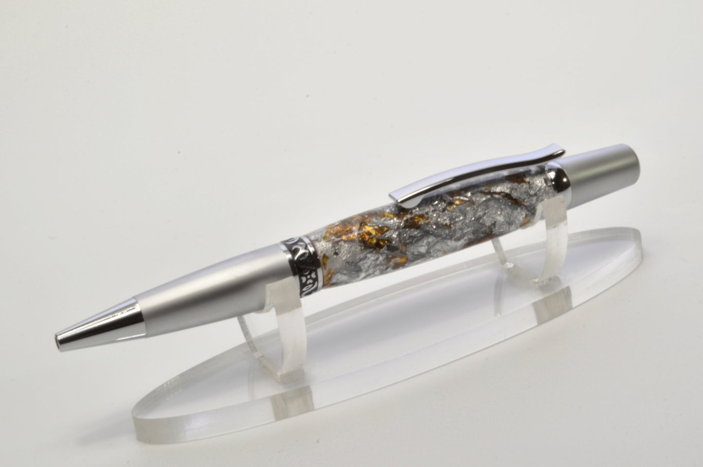 Elegant Satin Chrome and Chrome Twist Pen with Silver & Black Gilding Cast in Clear Acrylic