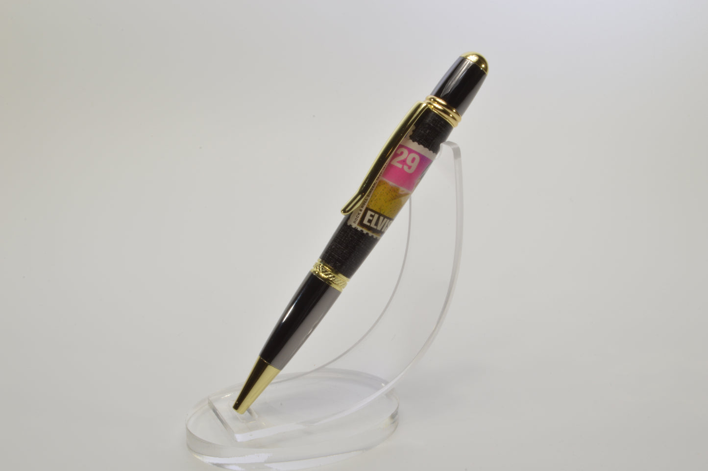 Handcrafted Pen Featuring a 1992 Elvis Stamp and a Small Swatch From an Elvis Worn Shirt Embedded in Acrylic