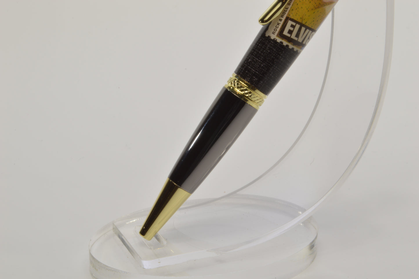 Handcrafted Pen Featuring a 1992 Elvis Stamp and a Small Swatch From an Elvis Worn Shirt Embedded in Acrylic