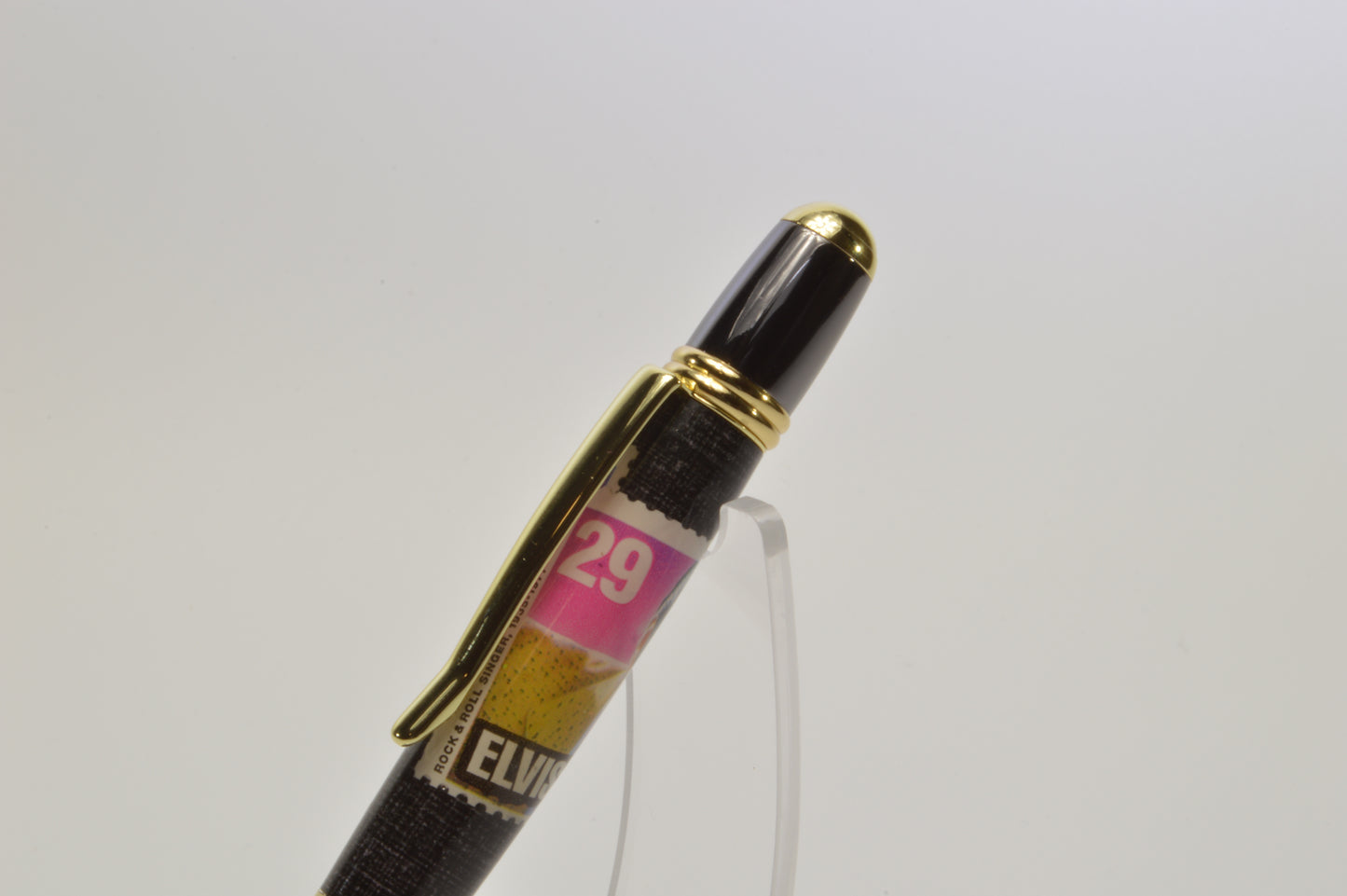 Handcrafted Pen Featuring a 1992 Elvis Stamp and a Small Swatch From an Elvis Worn Shirt Embedded in Acrylic