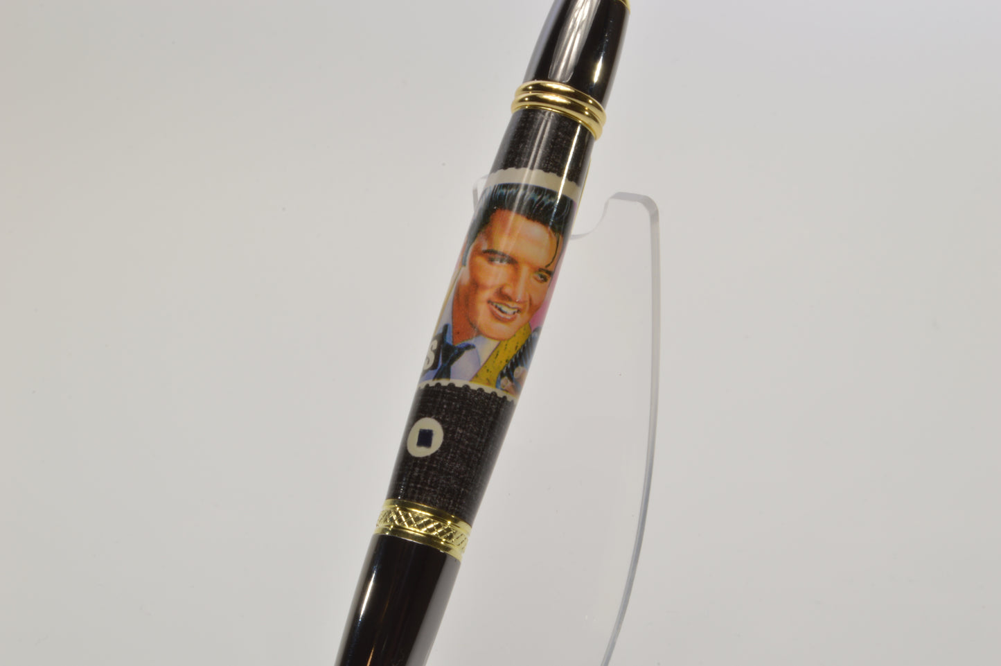 Handcrafted Pen Featuring a 1992 Elvis Stamp and a Small Swatch From an Elvis Worn Shirt Embedded in Acrylic