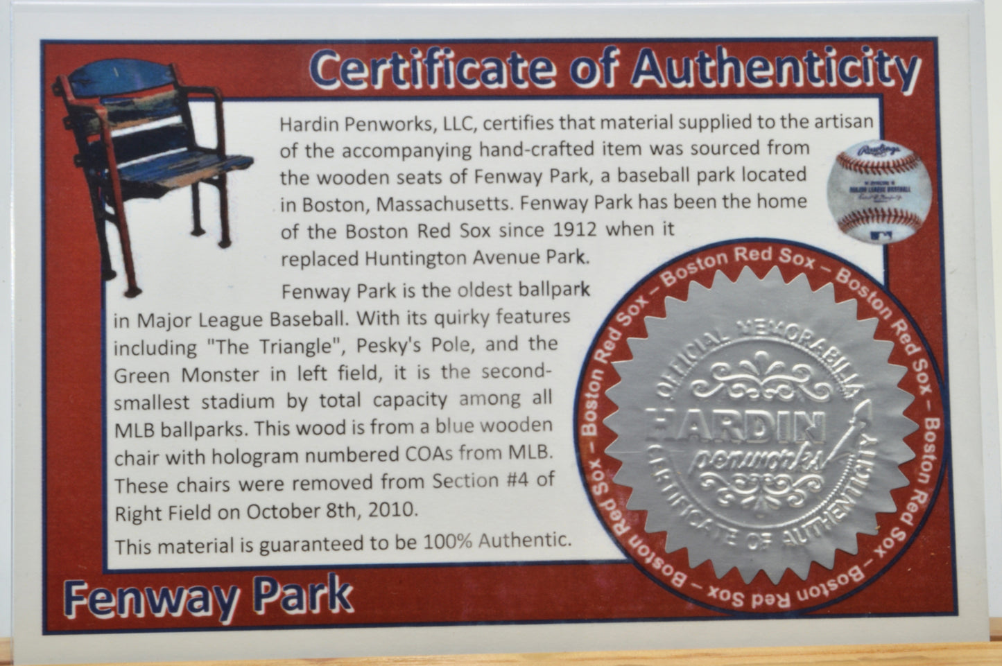 Handcrafted Pen Made From A Boston Red Sox Fenway Park Wooden Seat