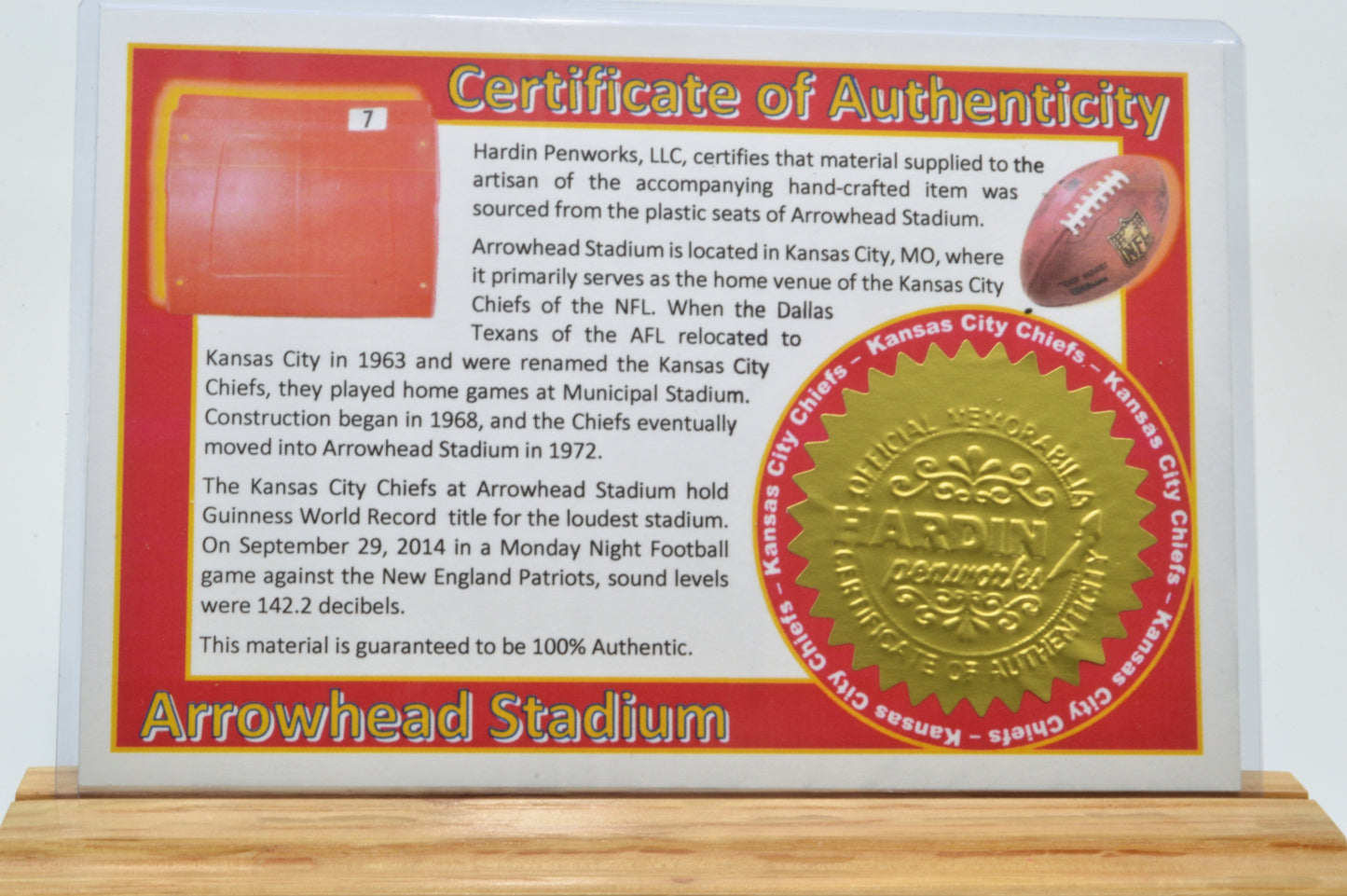 Handcrafted Pen Made From Kanas City Chiefs Arrowhead Stadium Seat