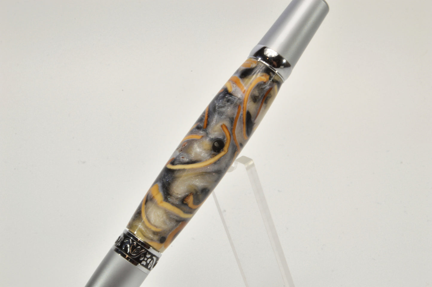 Handcrafted Twist Pen with Pistachio Shell Cast in Acrylic in Chrome and Satin Chrome