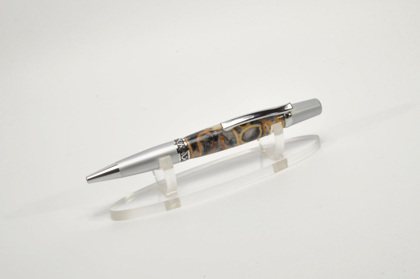 Handcrafted Twist Pen with Pistachio Shell Cast in Acrylic in Chrome and Satin Chrome