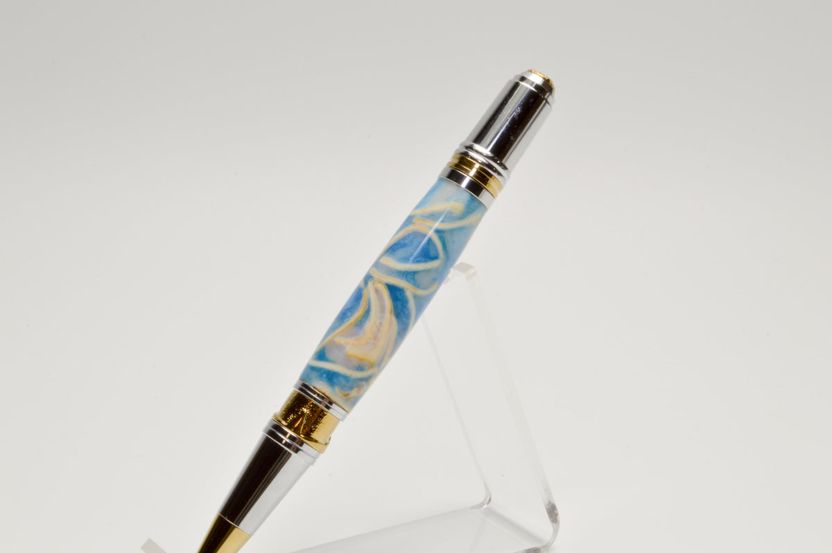 Pistachio Shell and Acrylic Art Deco Twist Pen in Gold and Chrome Finish