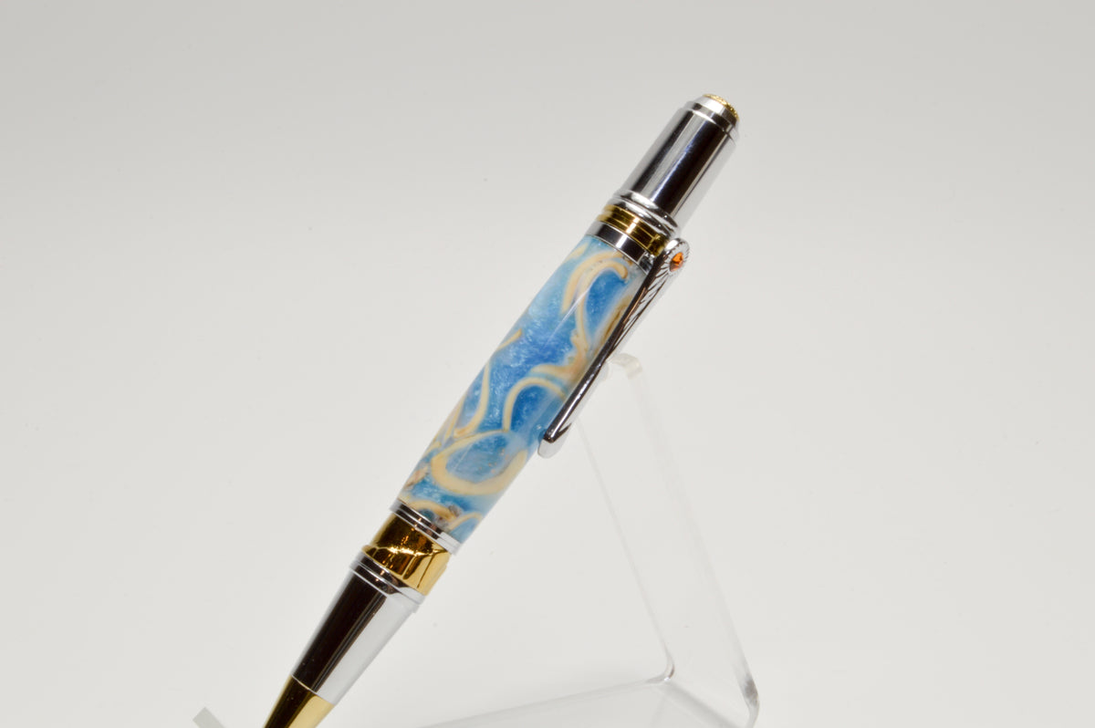 Pistachio Shell and Acrylic Art Deco Twist Pen in Gold and Chrome Finish