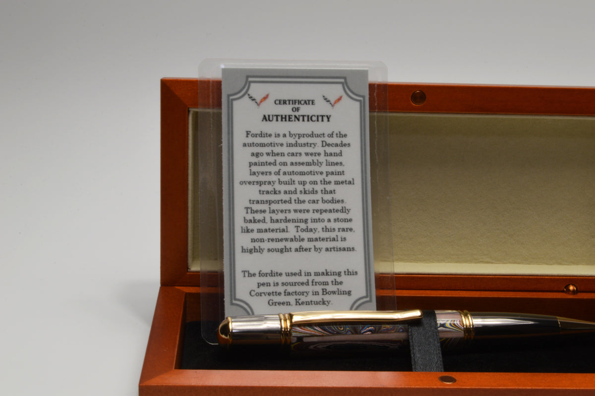 Handcrafted Twist Pen Made With Fordite From The Corvette Factory in Gold and Gunmetal Finish