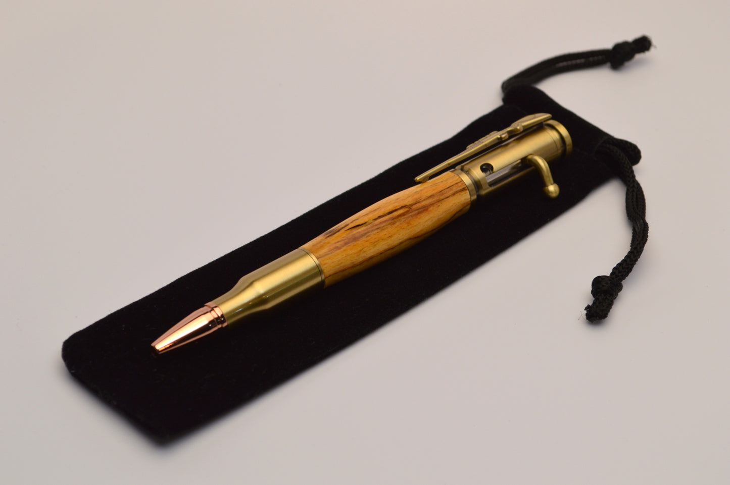 Bolt Action Spalted Pecan Bullet Pen in Antique Brass Finish