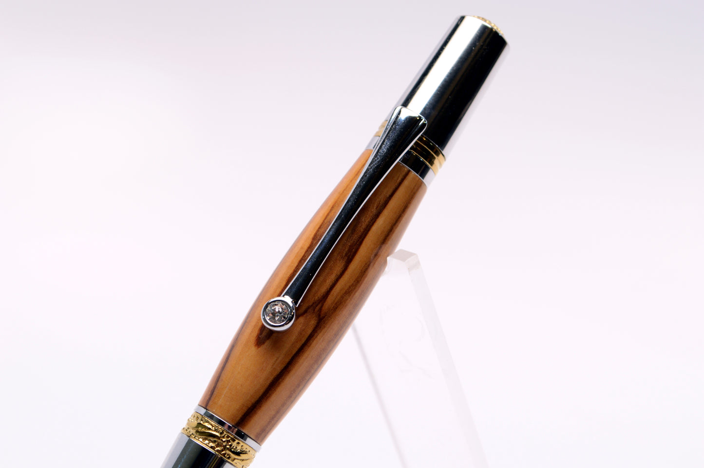 Handcrafted Bethlehem Olivewood Majestic Squire Twist Pen in Gold Titanium and Chrome Finish with Swarovski Crystal.