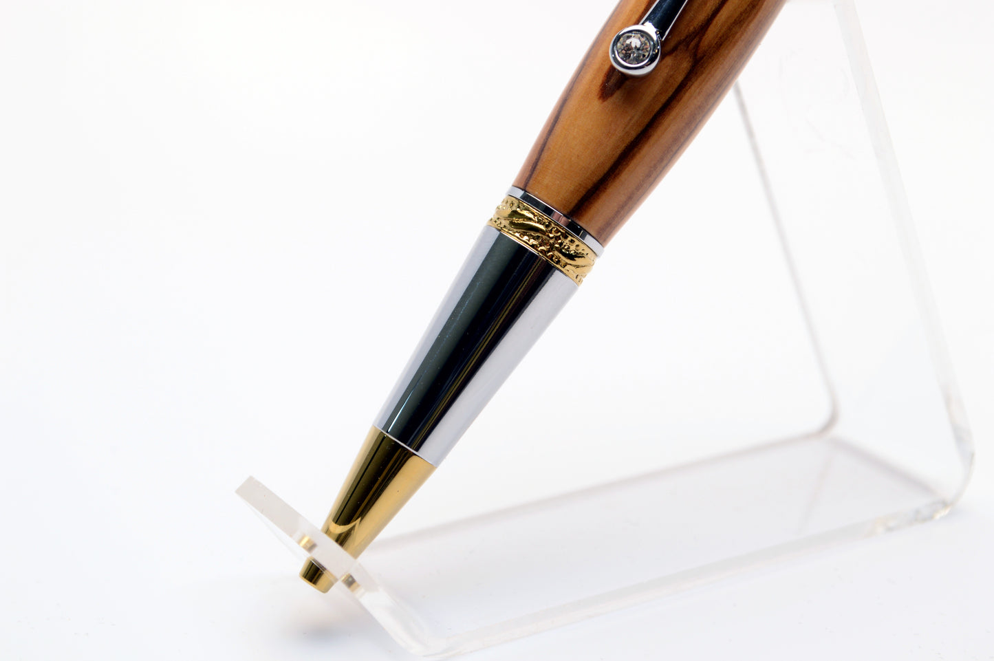 Handcrafted Bethlehem Olivewood Majestic Squire Twist Pen in Gold Titanium and Chrome Finish with Swarovski Crystal.