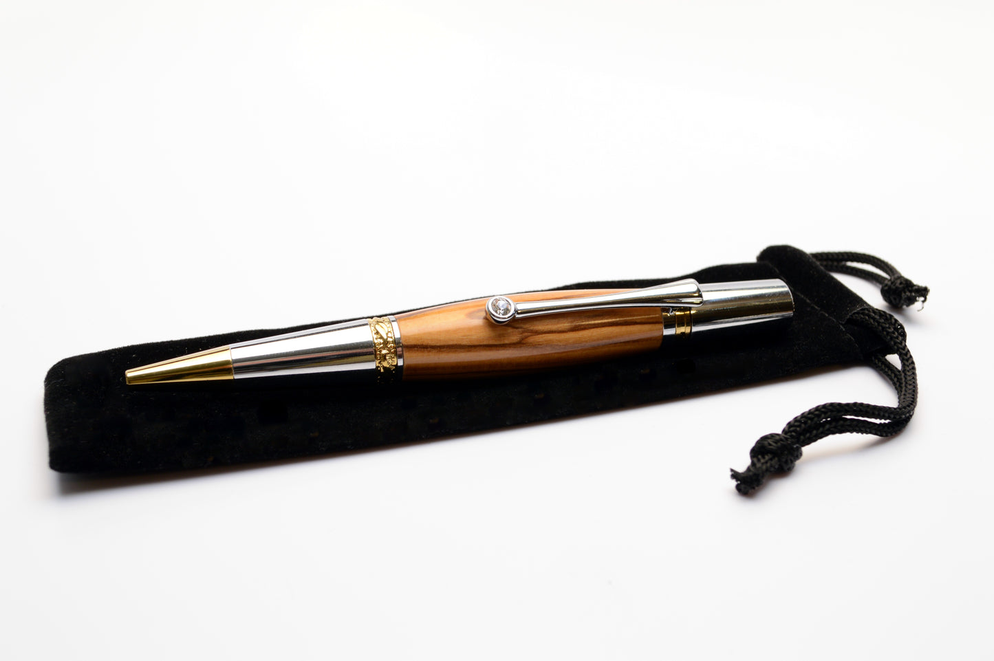 Handcrafted Bethlehem Olivewood Majestic Squire Twist Pen in Gold Titanium and Chrome Finish with Swarovski Crystal.