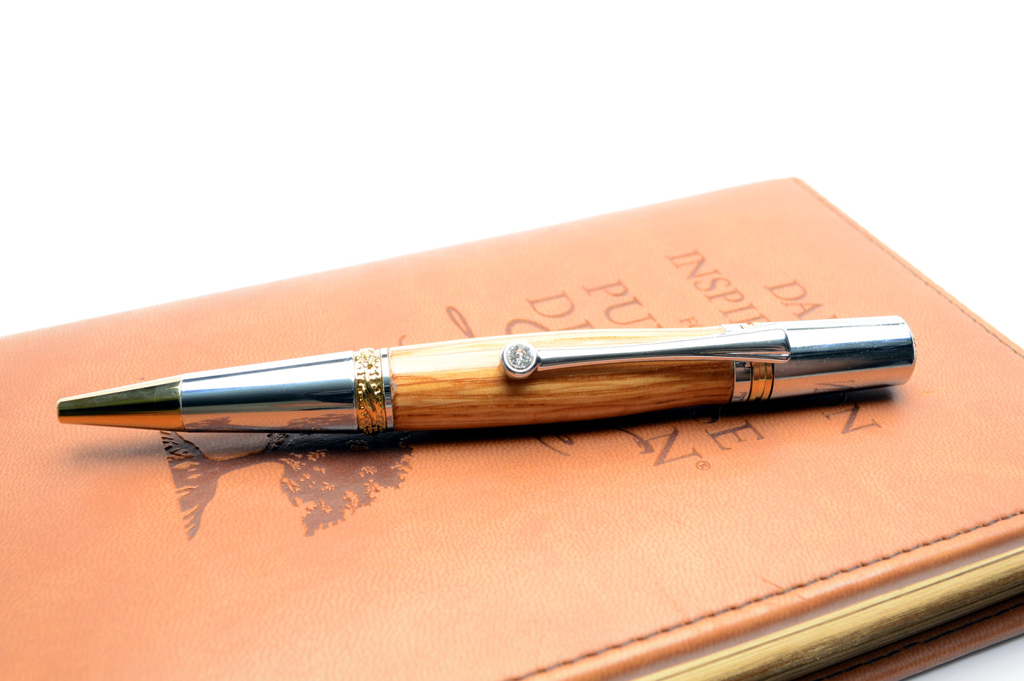 Whiskey Barrel Majestic Squire Twist Pen in Gold Titanium and Chrome Finish with Swarovski Crystal.  Includes Velvet Bag