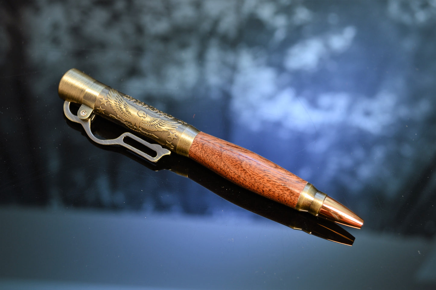 North Georgia Walnut "American Pride" Lever Action Bullet Pen in Antique Brass Finish with Velvet Pouch