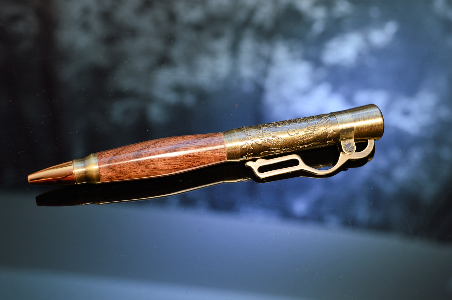 North Georgia Walnut "American Pride" Lever Action Bullet Pen in Antique Brass Finish with Velvet Pouch