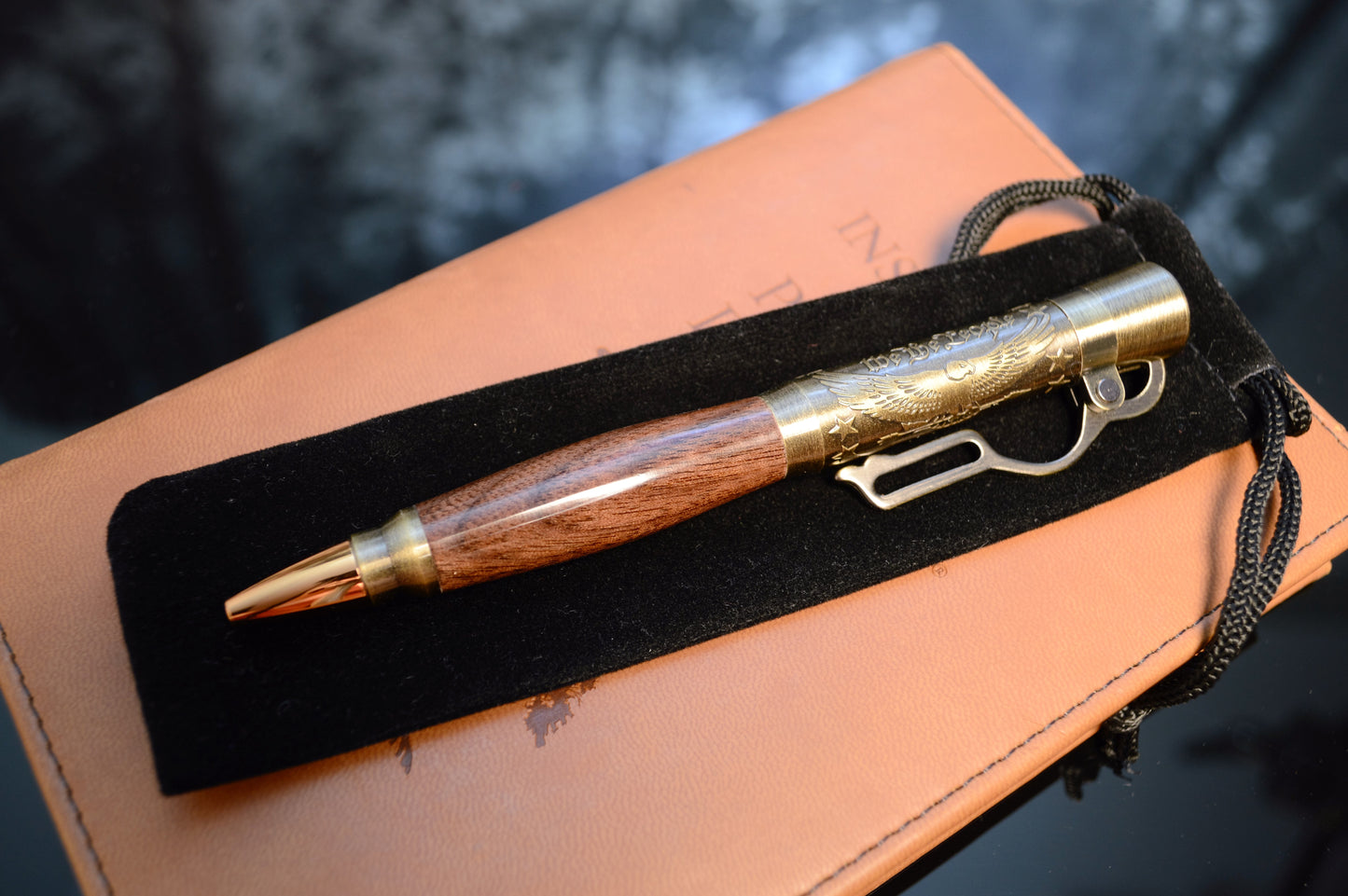 North Georgia Walnut "American Pride" Lever Action Bullet Pen in Antique Brass Finish with Velvet Pouch