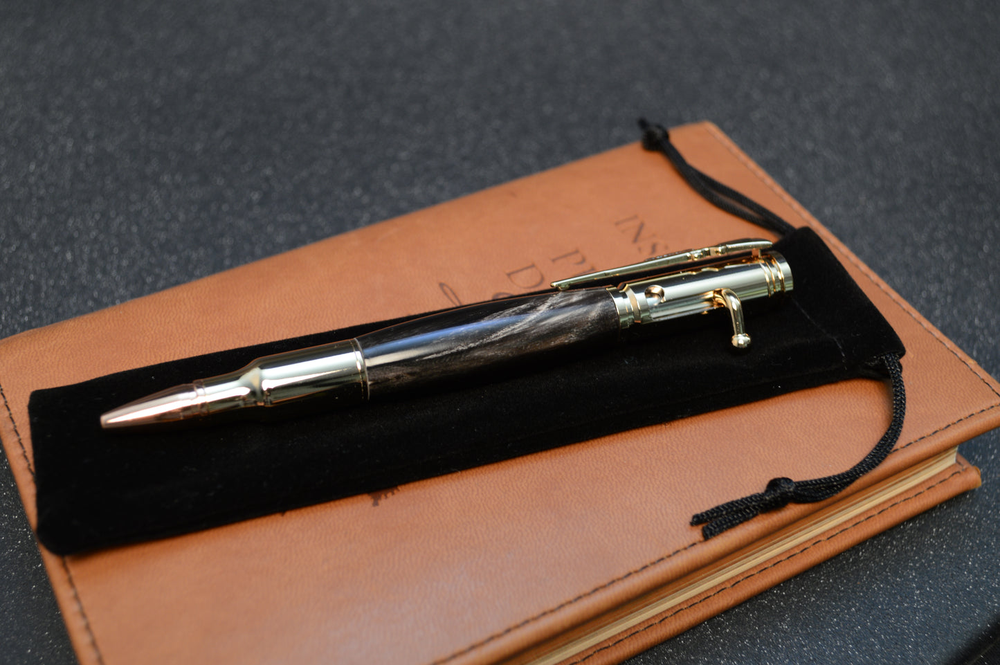 Indian River Buffalo Horn Bolt Action Bullet Pen in Gold Finish with Velvet Pouch