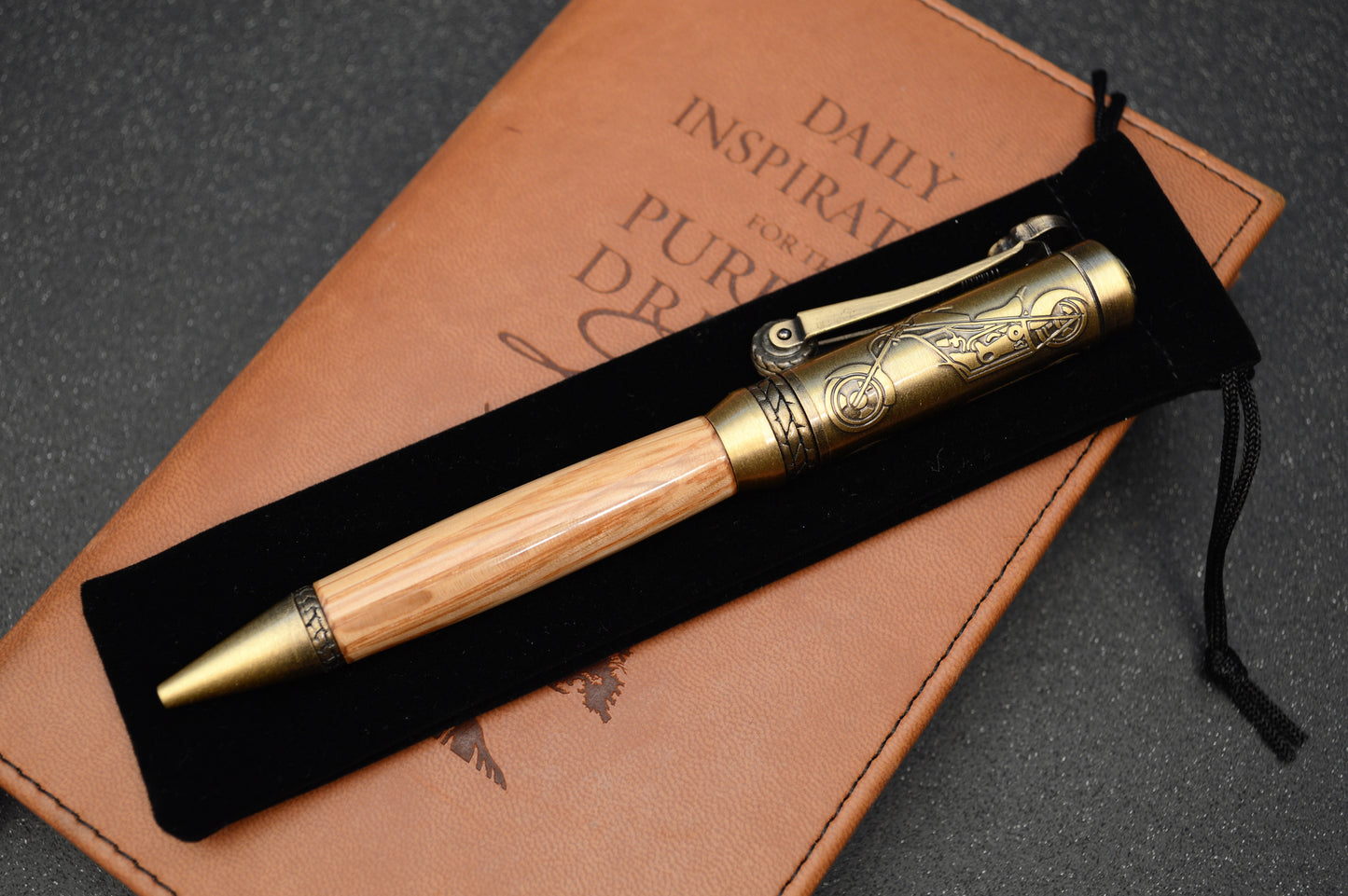 Whiskey Barrel Motorcycle Twist Pen in Antique Brass Finish