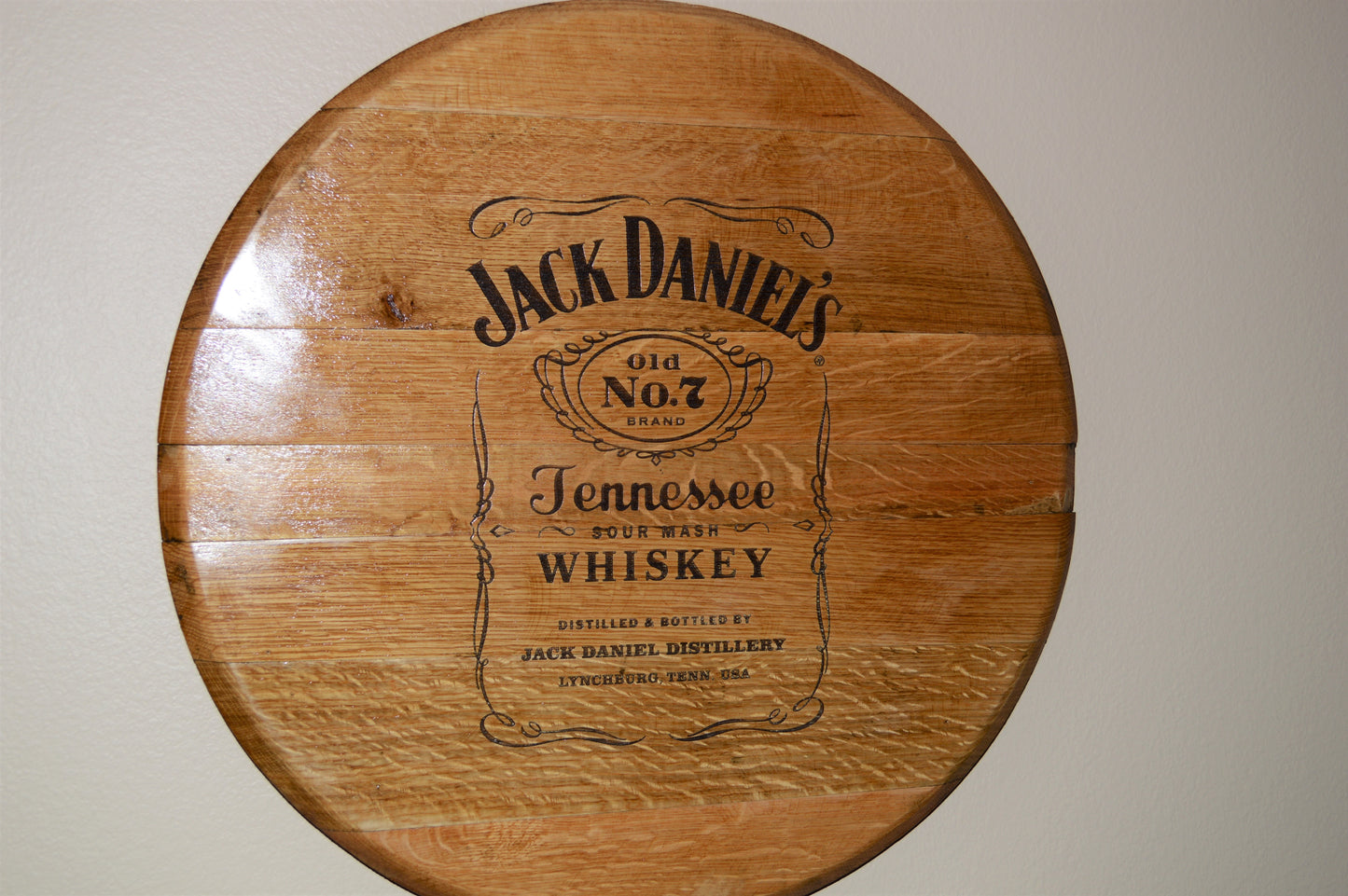 Laser Engraved Whiskey Barrel Head Wall Hanging From A Used Jack Daniels Oak Whiskey Barrel