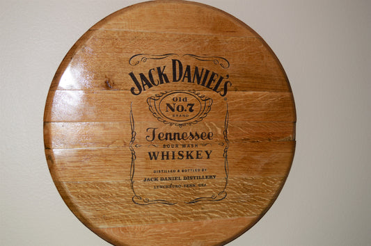 Laser Engraved Whiskey Barrel Head Wall Hanging From A Used Jack Daniels Oak Whiskey Barrel
