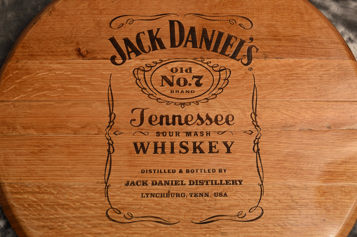 Laser Engraved Whiskey Barrel Head Wall Hanging From A Used Jack Daniels Oak Whiskey Barrel