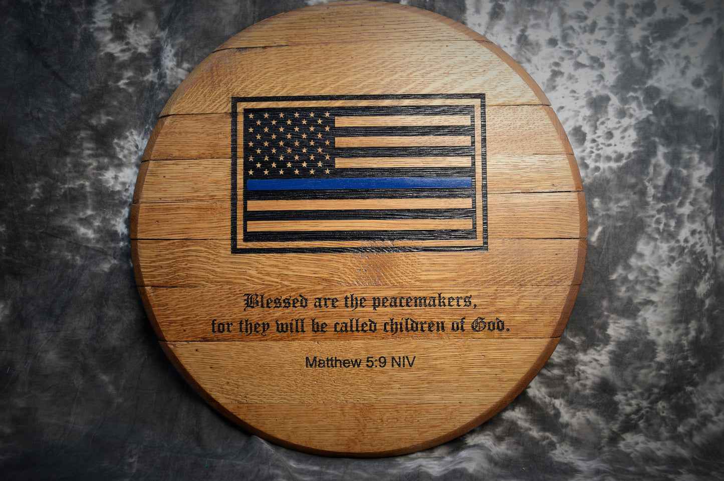 Thin Blue Line Flag Laser Engraved Whiskey Barrel Head Wall Art