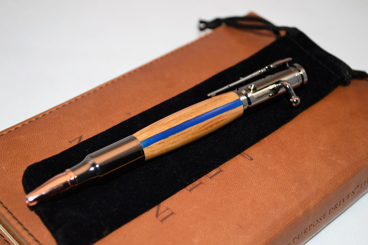 Thin Blue Line Bolt Action Bullet Pen in Oak With a Gunmetal Finish