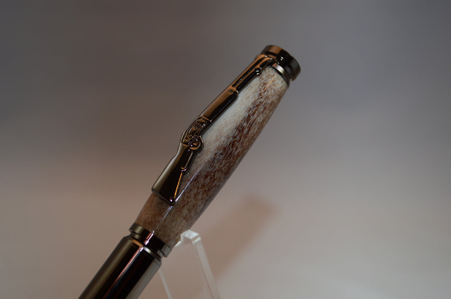 Deer Antler Bullet Cartridge Twist Pen  in Gunmetal Finish with Velvet Gift Bag
