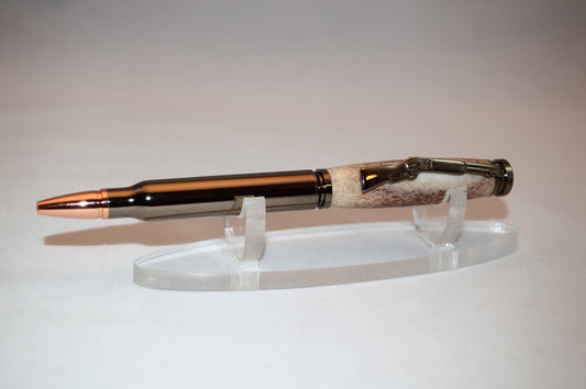 Deer Antler Bullet Cartridge Twist Pen  in Gunmetal Finish with Velvet Gift Bag