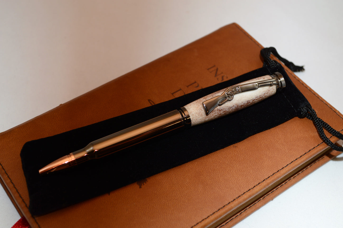 Deer Antler Bullet Cartridge Twist Pen  in Gunmetal Finish with Velvet Gift Bag