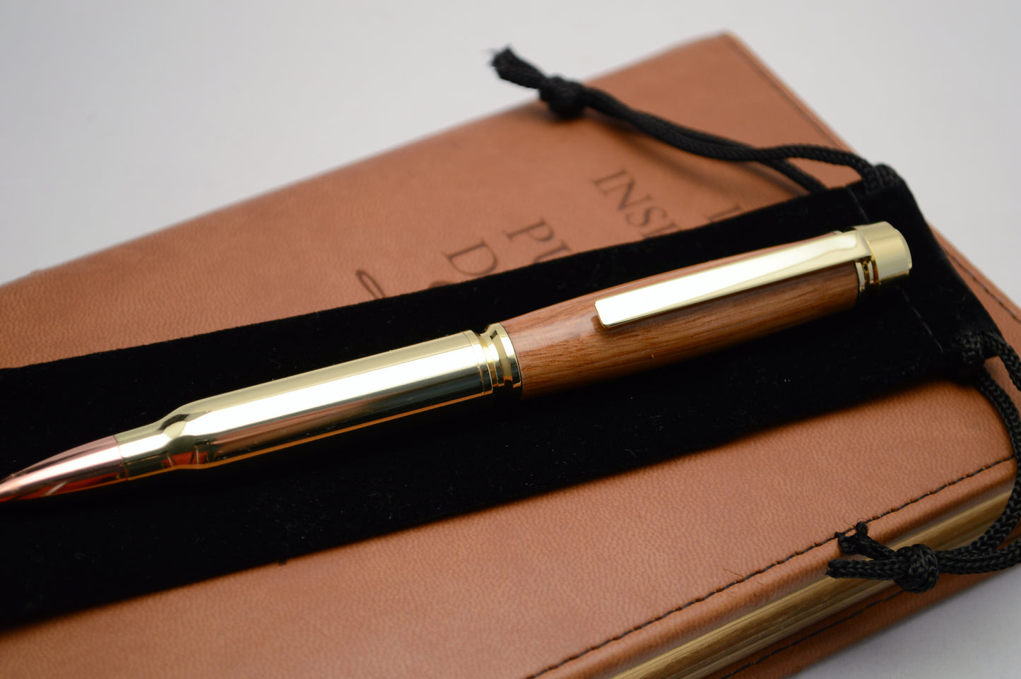 Whiskey Barrel Twist Bullet Pen in Gold Finish With Velvet Pouch.