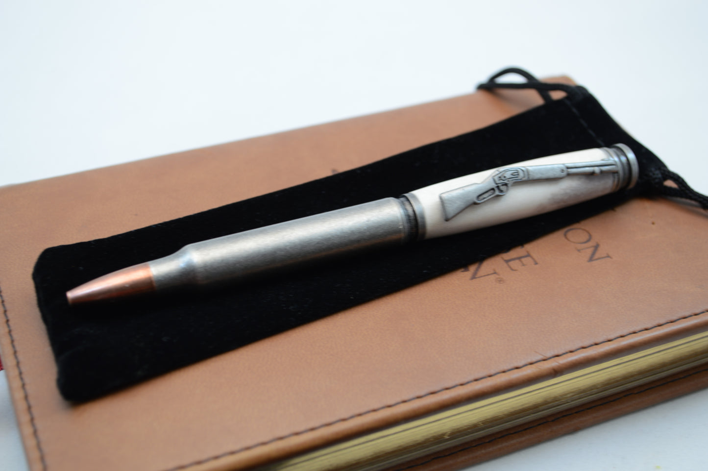 Deer Antler Bullet Cartridge Twist Pen  in Antique Silver Finish with Velvet Gift Bag