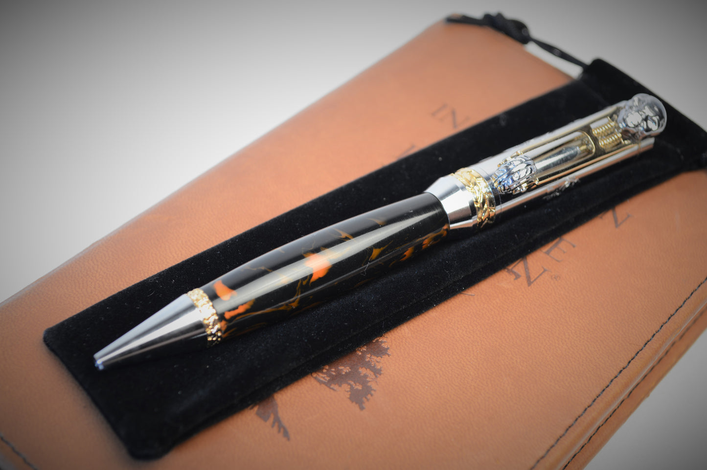 Handcrafted Motorcycle Pen Made with Black and Orange Acrylic.