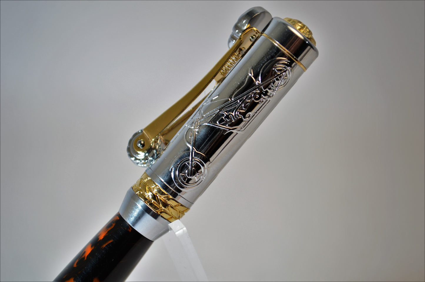 Handcrafted Motorcycle Pen Made with Black and Orange Acrylic.