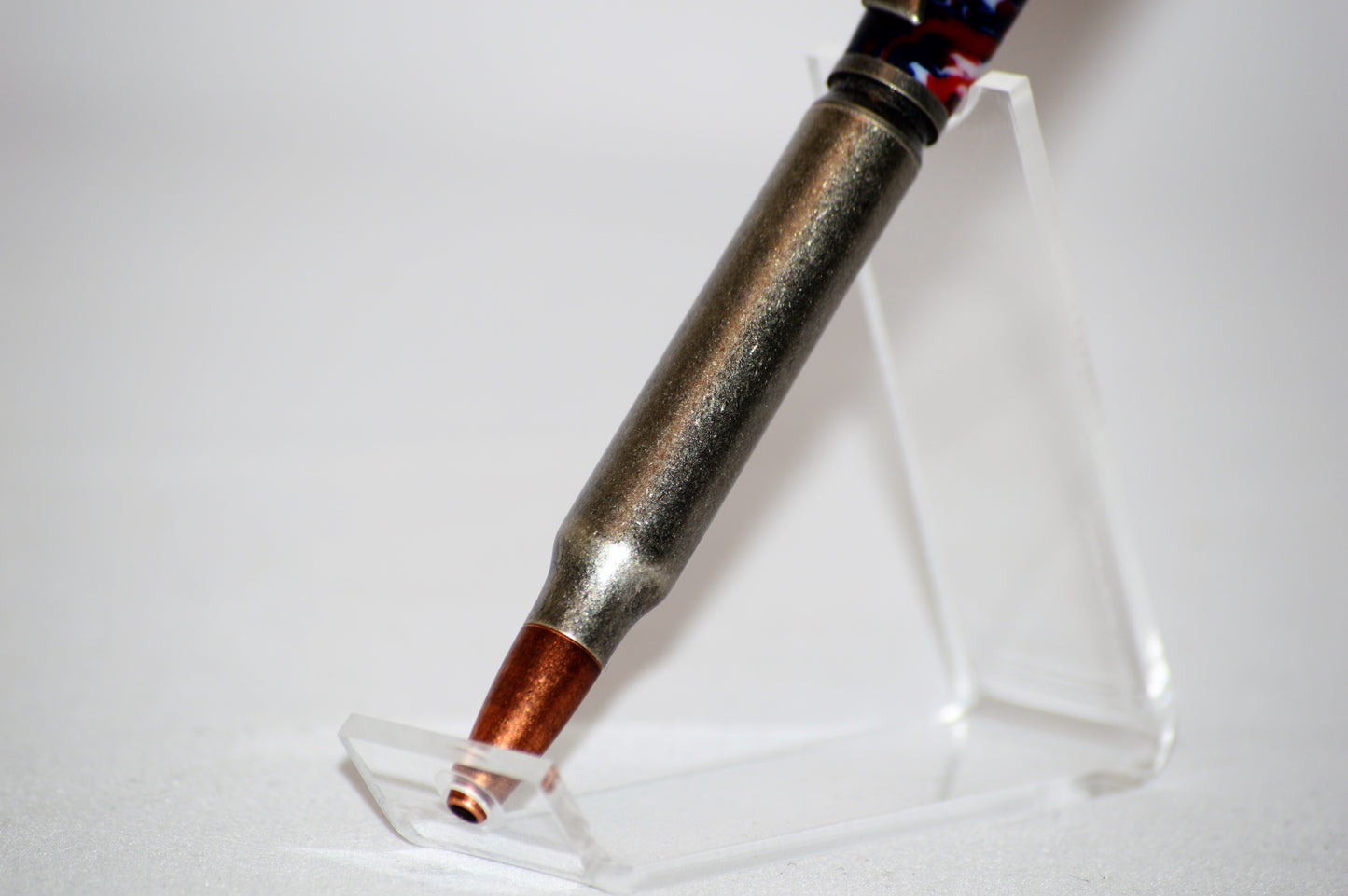 Bullet Cartridge Twist Pen in Red, White, and Blue Acrylic  in Antique Silver Finish with Velvet Gift Bag