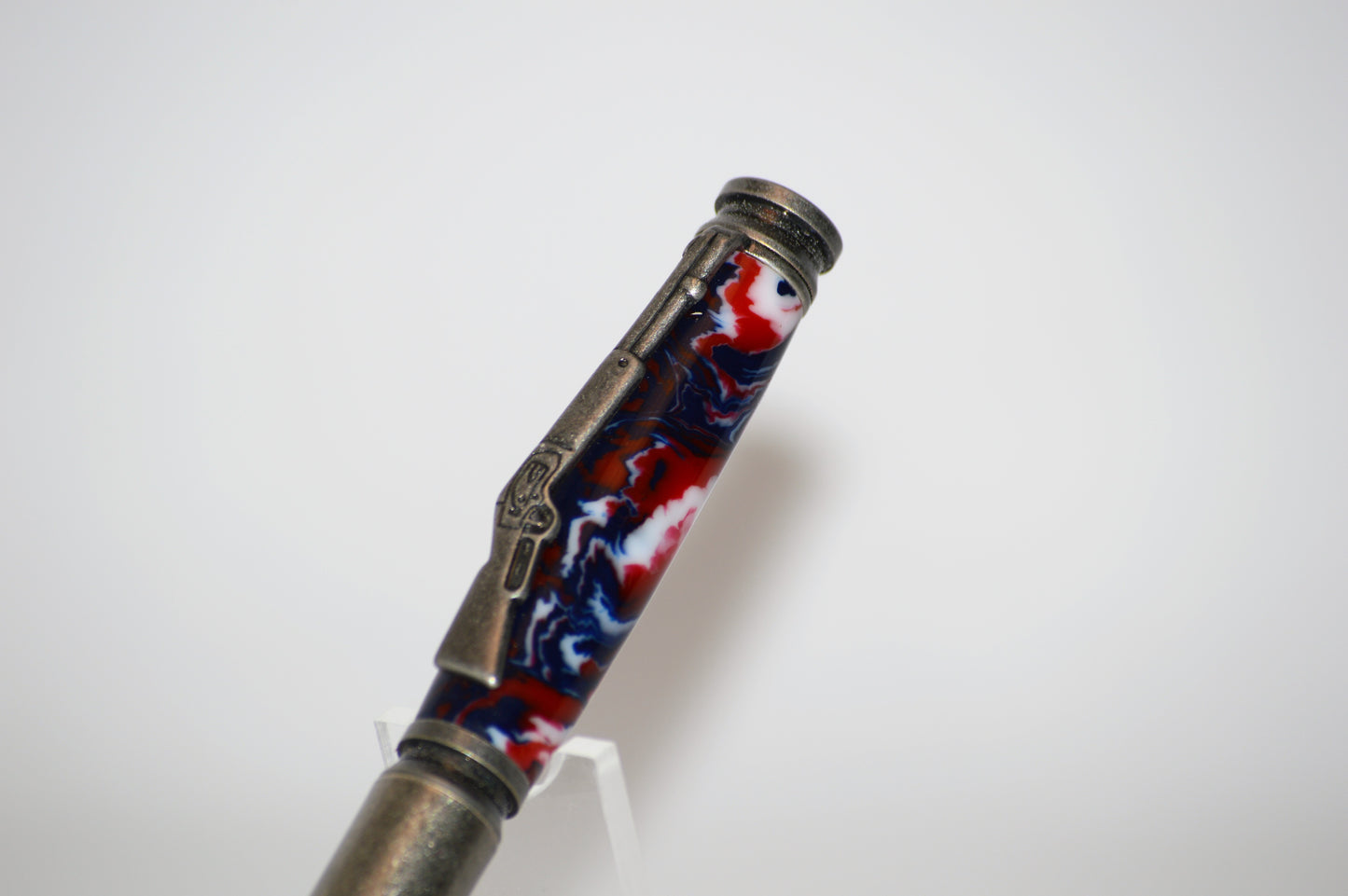 Bullet Cartridge Twist Pen in Red, White, and Blue Acrylic  in Antique Silver Finish with Velvet Gift Bag