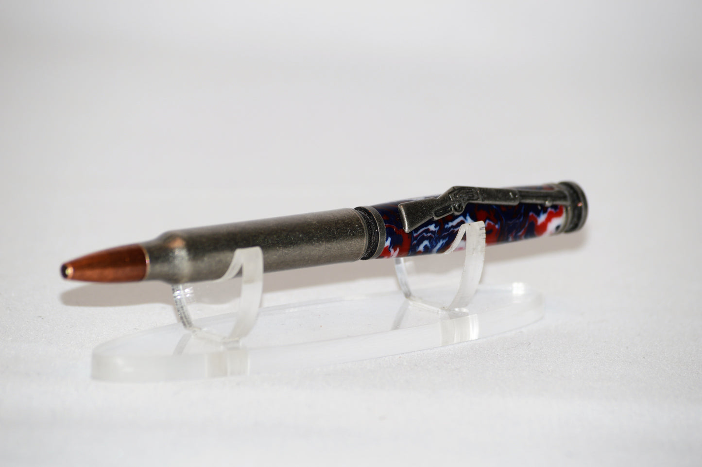 Bullet Cartridge Twist Pen in Red, White, and Blue Acrylic  in Antique Silver Finish with Velvet Gift Bag