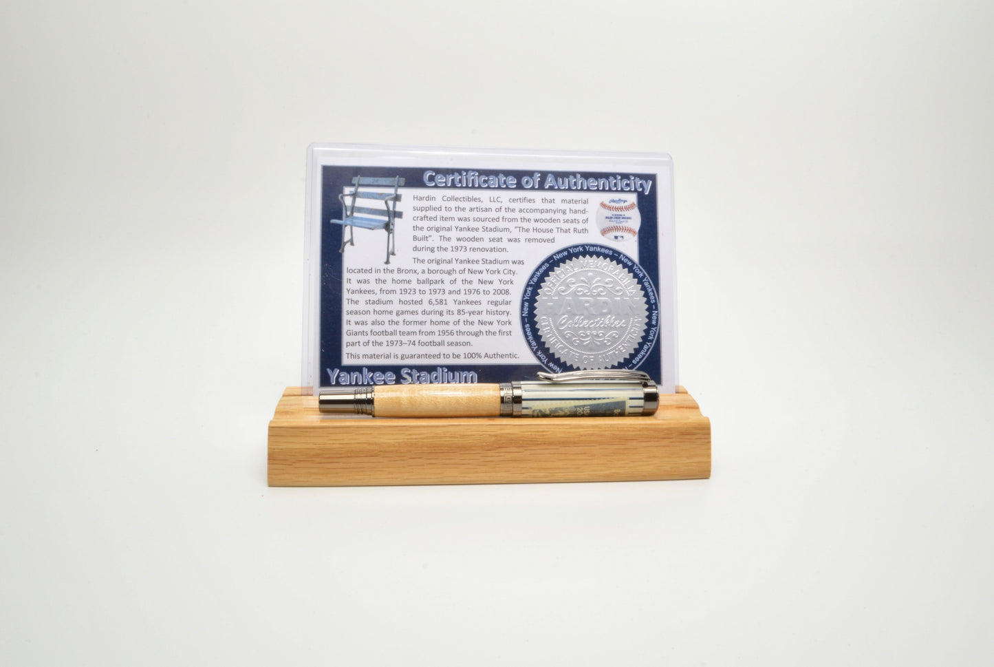Rollerball Pen made with Wood from a Yankee Stadium Seat and a Babe Ruth Stamp Embedded in Acrylic