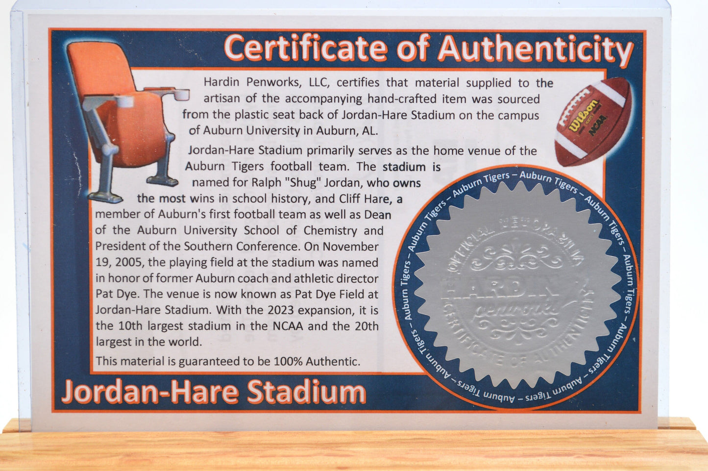Handcrafted Pen Made From The Plastic Stadium Seats of Jordan-Hare Stadium