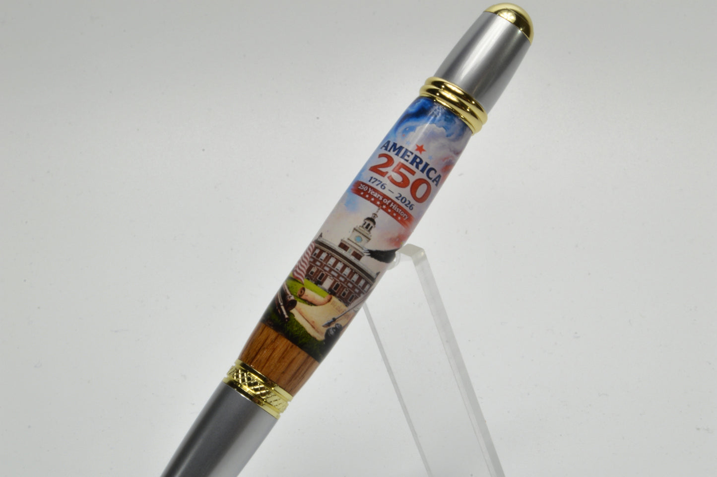 USA 250th Anniversary Label & Independence Hall Wood, Gold & Satin Chrome Finish Twist Pen