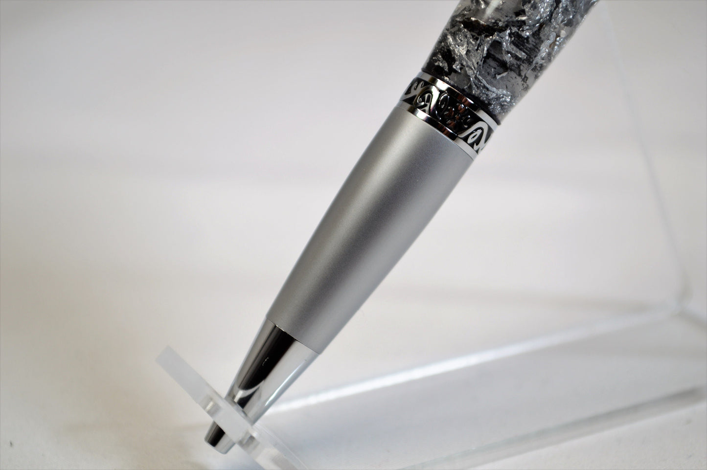 Elegant Satin Chrome and Chrome Twist Pen with Silver & Black Gilding Cast in Clear Acrylic